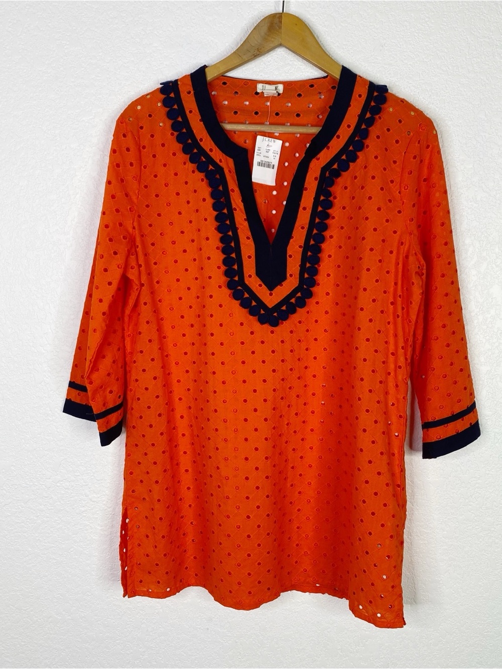 J. Crew Factory Orange & Blue Eyelet Pom Pom Tunic Blouse